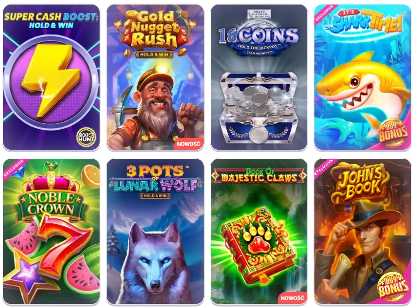 Robocat slots: Super Cash Boost, Gold Nugget Rush (now), 16 Coins, It’s Shark Time! (purchase bonus), Noble Crown 7 (exclusive), 3 Pots of Lunar Wolf, Book of Majestic Claws (now), or John’s Book (exclusive, purchase bonus).