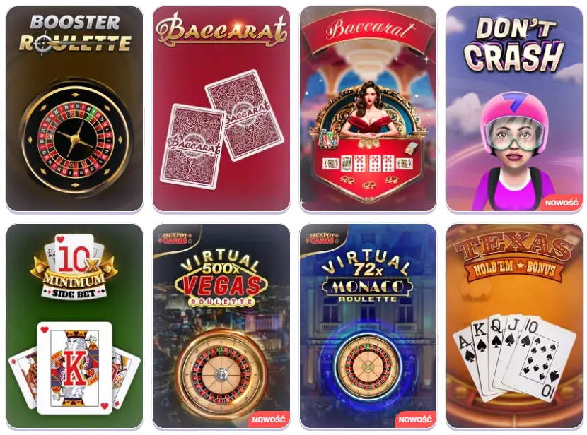 Osiem gier stołowych w Robocat: Booster Roulette, Baccarat (2 warianty), Don’t Crash (nowość), minimalny zakład poboczny 10x, Virtual 500x Vegas Roulette (nowość), Virtual 72x Monaco Roulette (nowość) i Texas Hold’em Bonus – siatka 2x4 z motywami ruletki i kart.