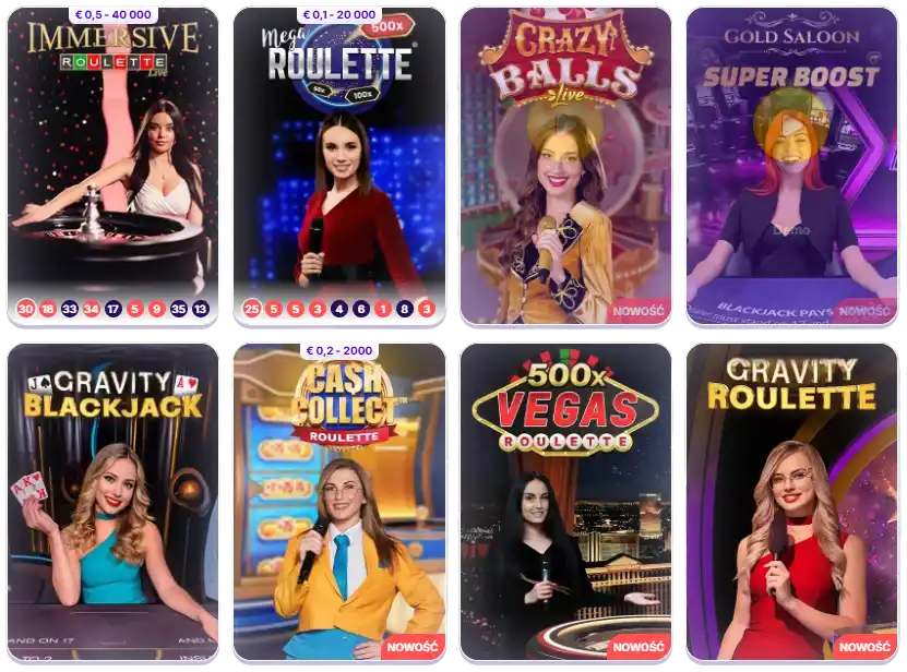 Kolaż ośmiu gier live w Robocat: Immersive Roulette (€0,5–40 000), Mega Roulette (€0,1–20 000), Crazy Balls Live (nowość), Gold Saloon Super Boost (nowość), Gravity Blackjack, Cash Collect Roulette (€0,2–2000, nowość), 500x Vegas Roulette (nowość) oraz Gravity Roulette — siatka 2×4 z krupierami na żywo.