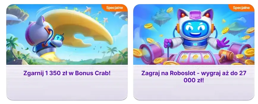 Robocat, po lewej Bonus Crab z hasłem „Zgarnij 1350 zł”, po prawej Roboslot z napisem „wygraj do 27 000 zł”; obie karty są oznaczone jako Special, z wizerunkiem robota kota i latającymi monetami.